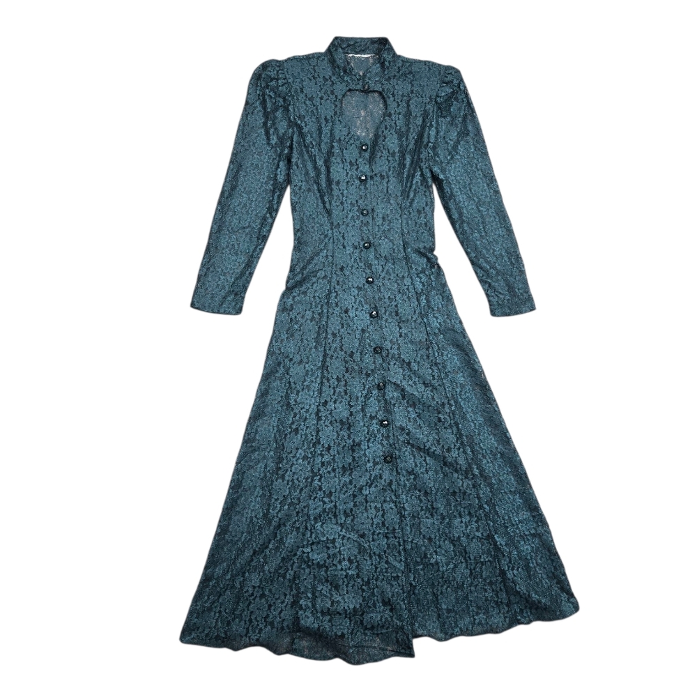 Vintage Lace Emerald Green Maxi Corset Button Front Dress S Sheer Whimsigoth